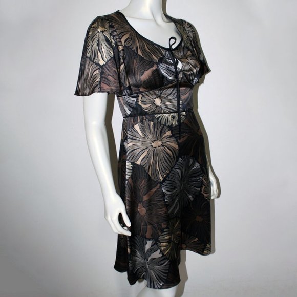 Vintage 90’s Betsey Johnson Silk Floral BLACK GOLD SILVER Flutter Sleeve Dress - Picture 8 of 10